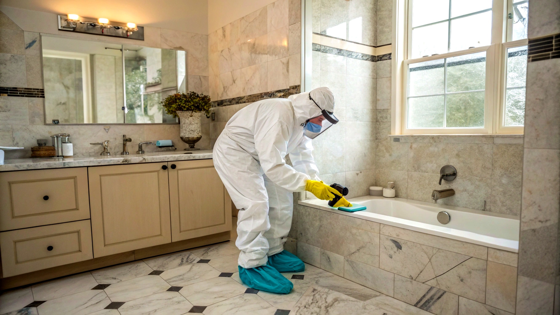 A Mold Testing professional inspects a bathroom in a St. Petersburg, Florida home.
